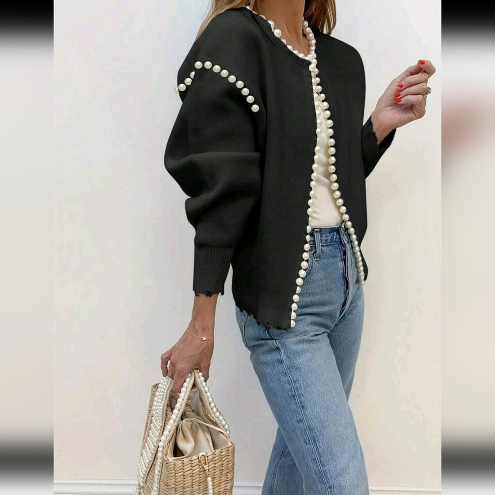 Solid Color Cardigan, Pearl Trim Distressed Hem, Long Sleeve, Elegant Knit Sweat - Picture 6 of 7